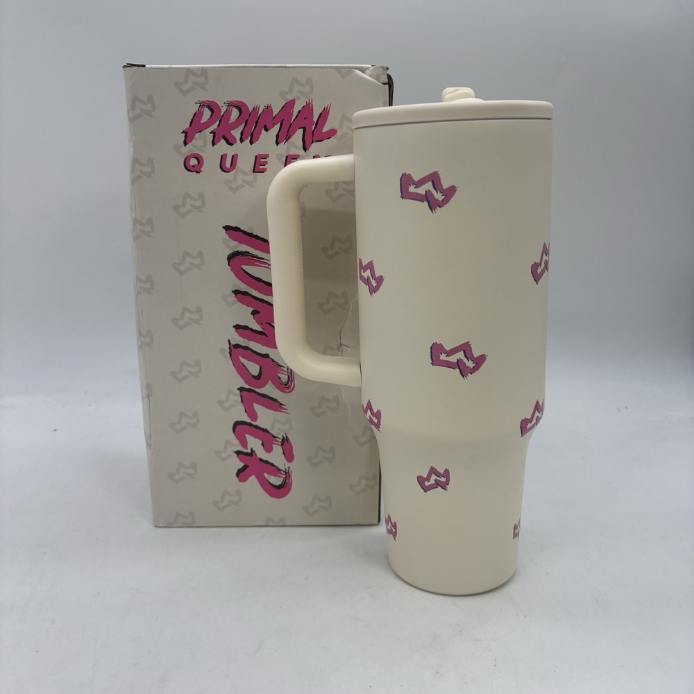 Primal Queen 40oz Tumbler Cup With Lid And Straw Beige Tan Pink Crown New In Box